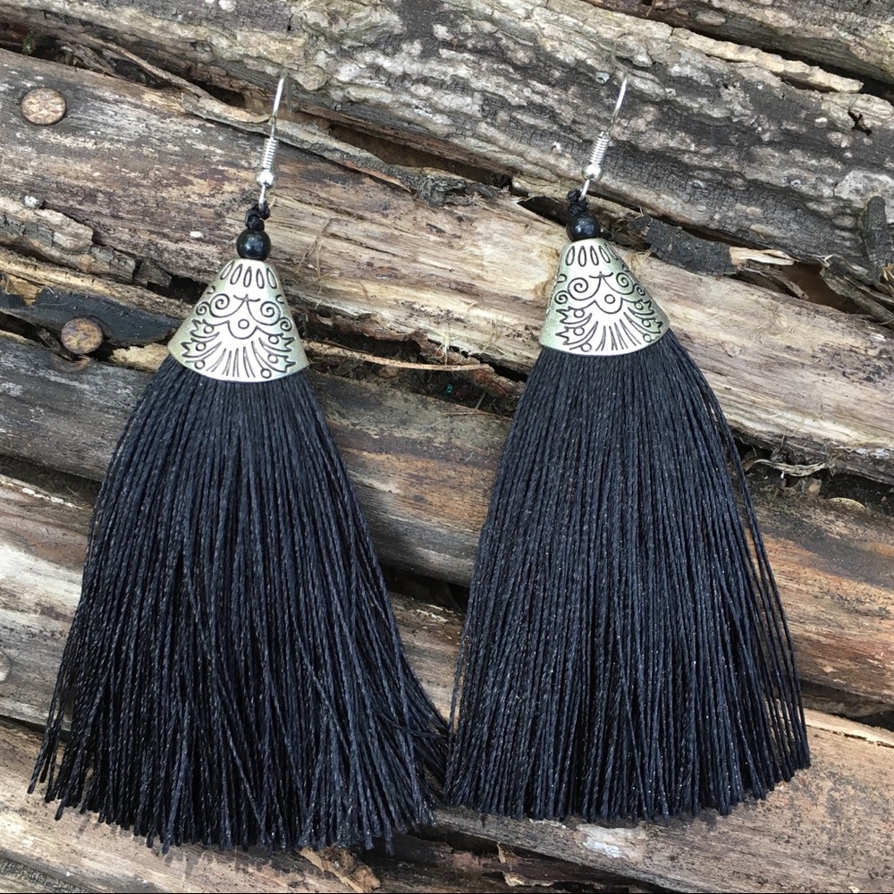 Long Black Tassel Earrings Antiqued Silver